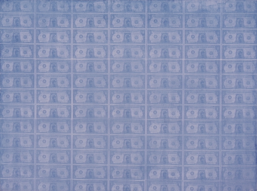 cyanotype of a sheet of dollar bills bearing the face of Marcel Duchamp